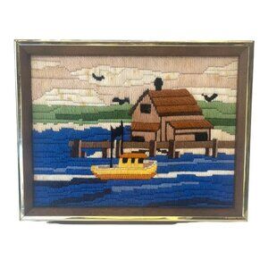 Vintage Crewel Framed Art Nautical Pier Coastel Vintage Needle Point Fiber Art